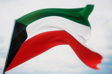 Dünyanın bayraklarını sallıyordu. Kuveyt bayrağı. Sığ bir alan derinliği ve seçici bir odak noktasıyla vurulmuş. 3B illüstrasyon.