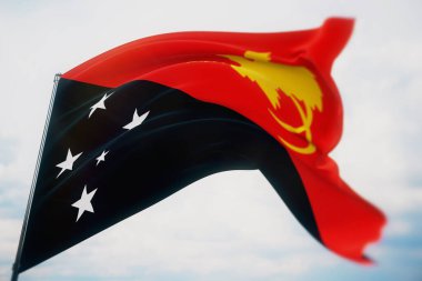 Dünyanın bayraklarını sallıyor. Papua Yeni Gine bayrağı. Sığ bir alan derinliği ve seçici bir odak noktasıyla vurulmuş. 3B illüstrasyon.