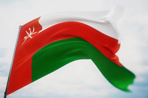 Drapeaux du monde - drapeau d'Oman. Tourné avec une faible profondeur de champ, mise au point sélective. Illustration 3D. — Photo