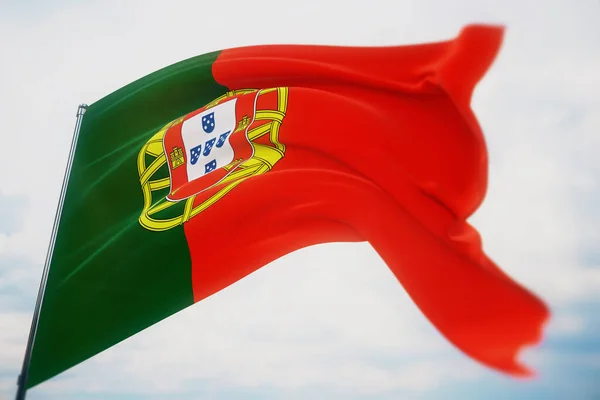 Bandeiras ondulantes do mundo - Bandeira de Portugal. Tiro com uma profundidade de campo rasa, foco seletivo. Ilustração 3D . — Fotografia de Stock