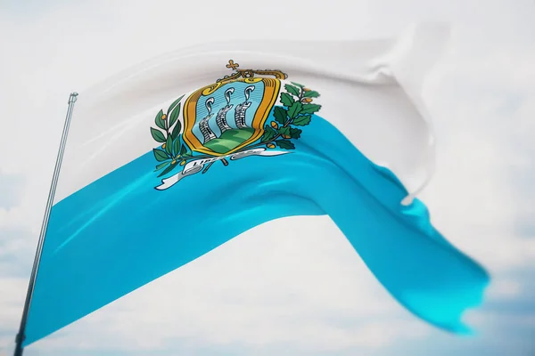 A világ zászlóinak lobogtatása - San Marino zászlója. Sekély mélységélességű lövés, szelektív fókusz. 3D illusztráció. — Stock Fotó