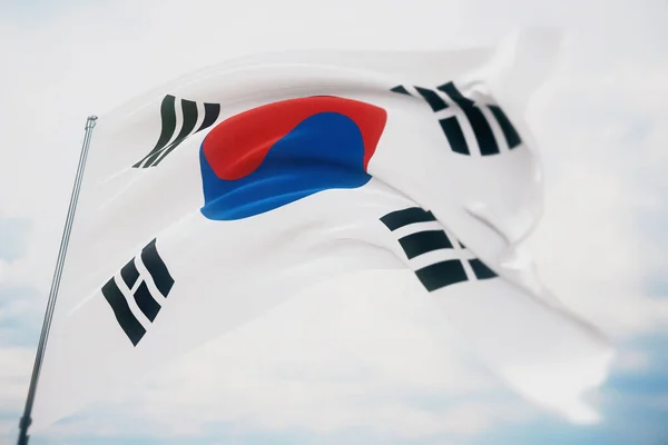 飘扬的国旗- -韩国国旗.用浅层的场发射，有选择的聚焦。3D插图. — 图库照片