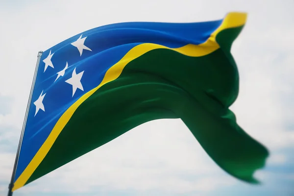 Waving flags of the world - flag of Solomon Islands. Shot with a shallow depth of field, selective focus. 3D illustration.