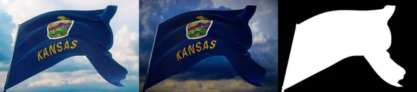 Vlajky států USA. Stát vlajky Kansasu. 3D ilustrace. Sada 2 vlajek a alfa matný obraz. Sbírka vlajek Spojených států amerických. — Stock fotografie