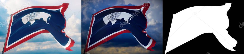 Flags of the states of USA. State of Wyoming flag. 3D illustration. Set of 2 flags and alpha matte image. United States of America states flags collection.