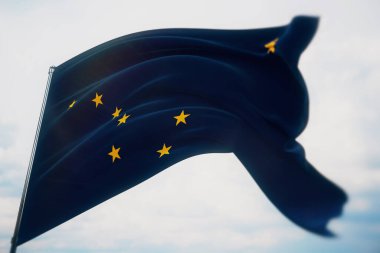 Amerika Birleşik Devletleri bayrakları. Alaska Eyaleti bayrağı. Üç boyutlu illüstrasyon. Amerika Birleşik Devletleri bayrakları topladı.