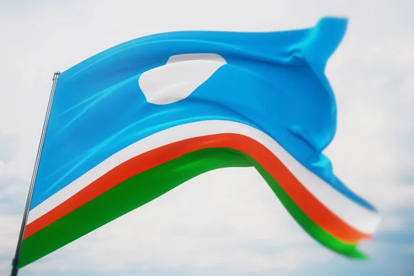 A Sakha Köztársaság zászlója. Nagy felbontású közelkép 3D illusztráció. Zászló Oroszország szövetségi alattvalóinak. — Stock Fotó