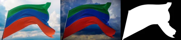 Bandera de Daguestán, ilustración 3D de primer plano de alta resolución. Banderas de los súbditos federales de Rusia. Set de 2 banderas e imagen alfa mate. Máscara de muy alta calidad. —  Fotos de Stock