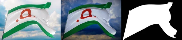 Bandera de Ingushetia. Ilustración 3D de primer plano de alta resolución. Banderas de los súbditos federales de Rusia. Set de 2 banderas e imagen alfa mate. Máscara de muy alta calidad. —  Fotos de Stock