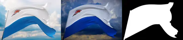 Bandera de Kamchatka Krai. Ilustración 3D de primer plano de alta resolución. Banderas de los súbditos federales de Rusia. Set de 2 banderas e imagen alfa mate. Máscara de muy alta calidad. — Foto de Stock
