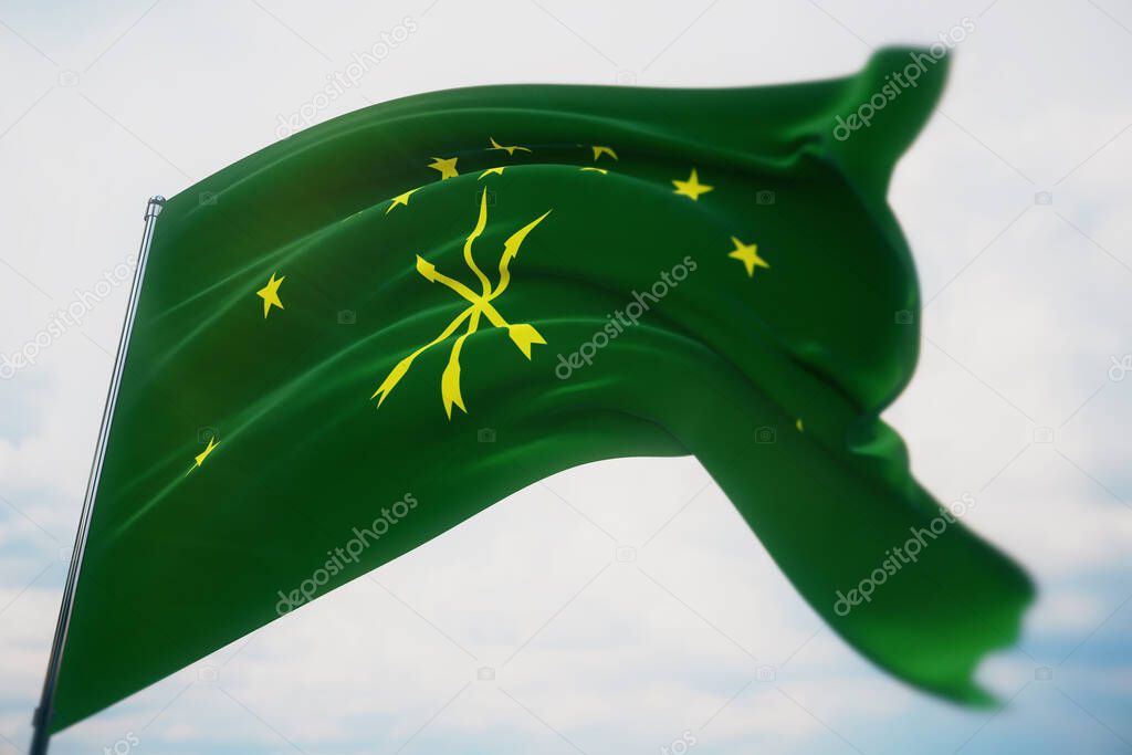 The flag of the Republic of Adygea, a federal subject of Russia. High resolution close-up 3D illustration.