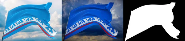 Bandera de Nenets Okrug Autónomo. Ilustración 3D de primer plano de alta resolución. Banderas de los súbditos federales de Rusia. Set de 2 banderas e imagen alfa mate. Máscara de muy alta calidad. —  Fotos de Stock