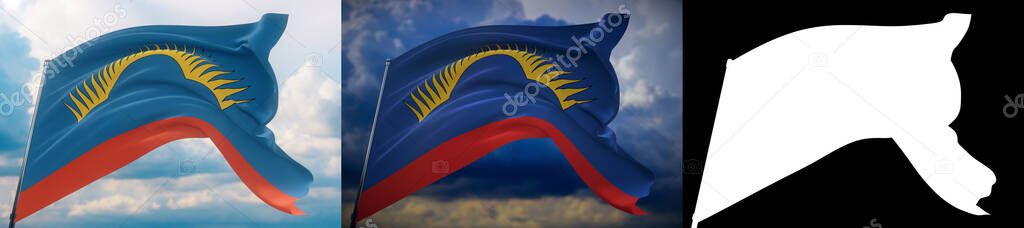 Flag of Murmansk Oblast. High resolution close-up 3D illustration. Flags of the federal subjects of Russia. Set of 2 flags and alpha matte image. Very high quality mask.