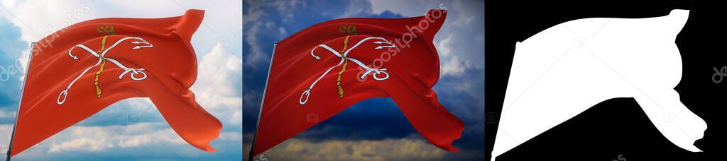 The flag of Saint Petersburg, High resolution close-up 3D illustration. Flags of the federal subjects of Russia. Set of 2 flags and alpha matte image. Very high quality mask.