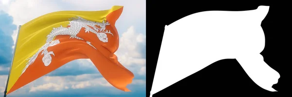 Ondeando banderas del mundo - Bandera de Bután. Conjunto de bandera y alfa mate ilustración 3D. Máscara de muy alta calidad sin borde no deseado. Alta resolución para composición profesional. — Foto de Stock