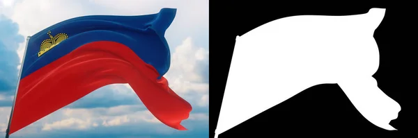 Dünyanın bayraklarını sallıyor - Liechtenstein bayrağı. Bayrak seti ve alfa matte 3D çizim. İstenmeyen bir tarafı olmayan çok kaliteli bir maske. Profesyonel bileşim için yüksek çözünürlük. — Stok fotoğraf