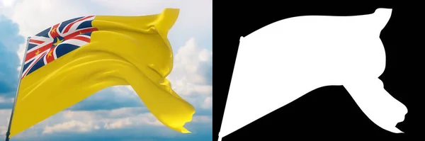 Vlnící se vlajky světa - vlajka Niue. Soubor vlajky a alfa matné 3D ilustrace. Velmi kvalitní maska bez nežádoucího ostří. Vysoké rozlišení pro profesionální složení. — Stock fotografie