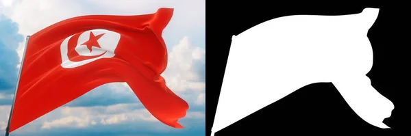 Viftande flaggor i världen - flagga Tunisien. Uppsättning av flagga och alfa matt 3D-illustration. Mycket högkvalitativ mask utan oönskad kant. Hög upplösning för professionell sammansättning. — Stockfoto