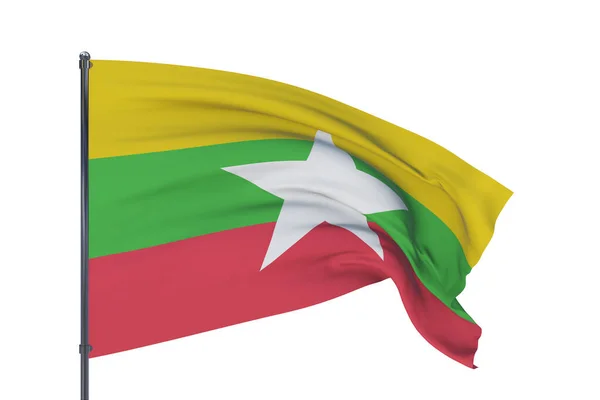 3D απεικόνιση. Κυματιστές σημαίες του κόσμου - σημαία της Μιανμάρ. Απομονωμένα σε λευκό φόντο. — Φωτογραφία Αρχείου