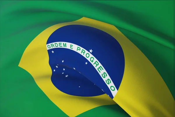 Flaggen der Welt schwenken - Flagge Brasiliens. Nahaufnahme, 3D-Illustration. — Stockfoto