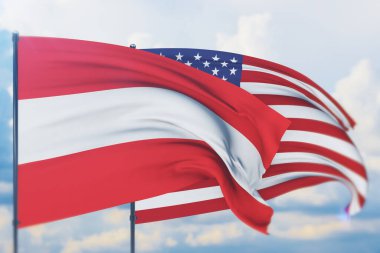 Amerikan bayrağı ve Avusturya bayrağı sallıyordu. Yakın görünüm, 3 boyutlu illüstrasyon.