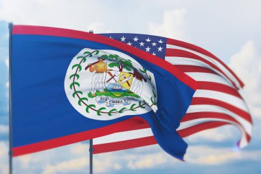 Belize bayrağı ve Amerikan bayrağı sallıyordu. Yakın görünüm, 3 boyutlu illüstrasyon.