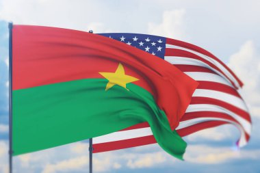 Amerikan bayrağı ve Burkina Faso bayrağı sallıyordu. Yakın görünüm, 3 boyutlu illüstrasyon.
