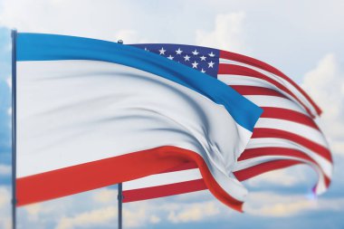 Amerikan bayrağı ve Kırım bayrağı sallıyordu. Yakın görünüm, 3 boyutlu illüstrasyon.