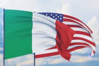 Amerikan bayrağı ve İtalya bayrağı sallıyordu. Yakın görünüm, 3 boyutlu illüstrasyon.