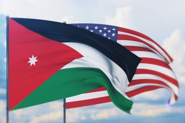 Ürdün bayrağı ve Amerikan bayrağı sallıyordu. Yakın görünüm, 3 boyutlu illüstrasyon.