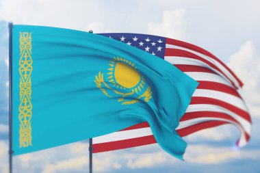 Amerikan bayrağı ve Kazakistan bayrağı sallıyor. Yakın görünüm, 3 boyutlu illüstrasyon.
