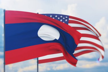 Amerikan bayrağı ve Laos bayrağı sallıyordu. Yakın görünüm, 3 boyutlu illüstrasyon.
