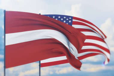 Amerikan bayrağı ve Letonya bayrağı sallıyordu. Yakın görünüm, 3 boyutlu illüstrasyon.