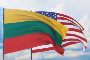 Amerikan bayrağı ve Litvanya bayrağı sallıyordu. Yakın görünüm, 3 boyutlu illüstrasyon.