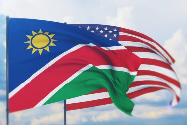 Amerikan bayrağı ve Namibya bayrağı sallıyordu. Yakın görünüm, 3 boyutlu illüstrasyon.