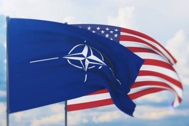 Amerikan bayrağı ve NATO bayrağı sallıyordu. Yakın görünüm, 3 boyutlu illüstrasyon.