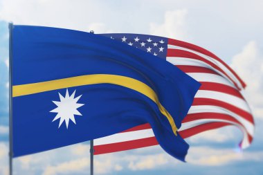 Amerikan bayrağı ve Nauru bayrağı sallıyordu. Yakın görünüm, 3 boyutlu illüstrasyon.