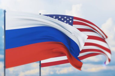 Amerikan bayrağı ve Rusya bayrağı sallıyordu. Yakın görünüm, 3 boyutlu illüstrasyon.