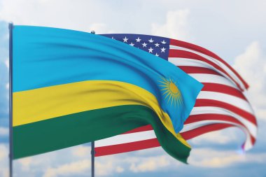 Amerikan bayrağı ve Ruanda bayrağı sallıyordu. Yakın görünüm, 3 boyutlu illüstrasyon.