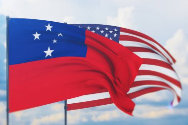Amerikan bayrağı ve Samoa bayrağı sallıyordu. Yakın görünüm, 3 boyutlu illüstrasyon.