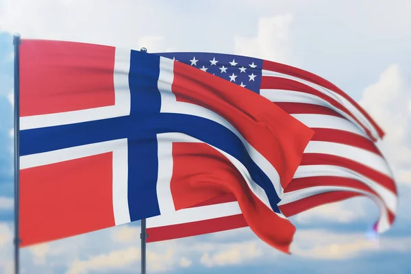 Мав американський прапор і прапор Норвегії. Closeup view, 3D illustration. — стокове фото