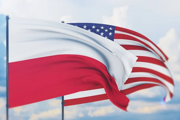 Amerikan bayrağı ve Polonya bayrağı sallıyordu. Yakın görünüm, 3 boyutlu illüstrasyon.