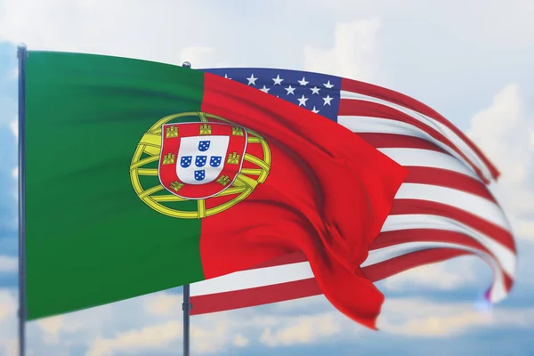 Acenando bandeira americana e bandeira de Portugal. Vista de perto, ilustração 3D. — Fotografia de Stock