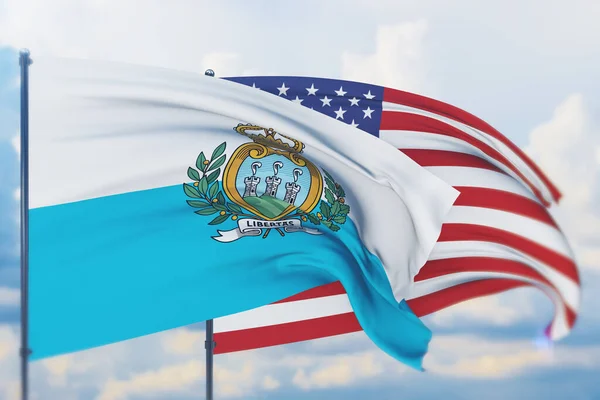 Waving American flag and flag of San Marino. Closeup view, 3D illustration. — Stock Photo, Image