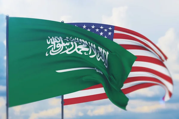 Das Schwenken der amerikanischen Flagge und der Flagge Saudi Arabiens. Nahaufnahme, 3D-Illustration. — Stockfoto