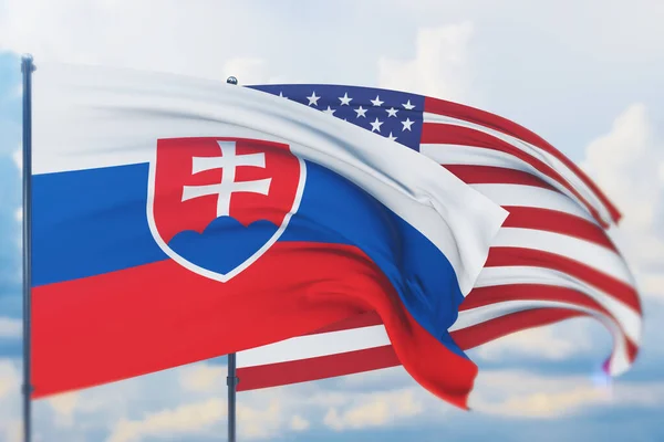 Zwaaiende Amerikaanse vlag en vlag van Slowakije. Close-upweergave, 3D-illustratie. — Stockfoto