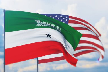 Amerikan bayrağı ve Somaliland bayrağı sallıyordu. Yakın görünüm, 3 boyutlu illüstrasyon.