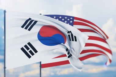 Amerikan bayrağı ve Güney Kore bayrağı sallıyordu. Yakın görünüm, 3 boyutlu illüstrasyon.