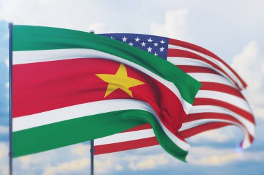 Amerikan bayrağı ve Surinam bayrağı sallıyordu. Yakın görünüm, 3 boyutlu illüstrasyon.