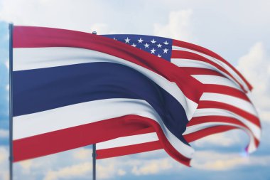 Amerikan bayrağı ve Tayland bayrağı sallıyordu. Yakın görünüm, 3 boyutlu illüstrasyon.